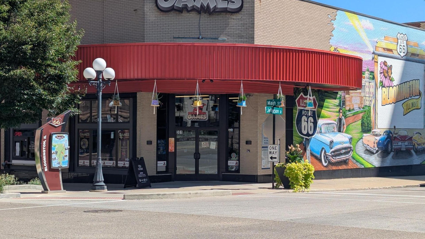 Street view of the Red Raccoon Games store front located at 309 N. Main Street in Bloomington, IL